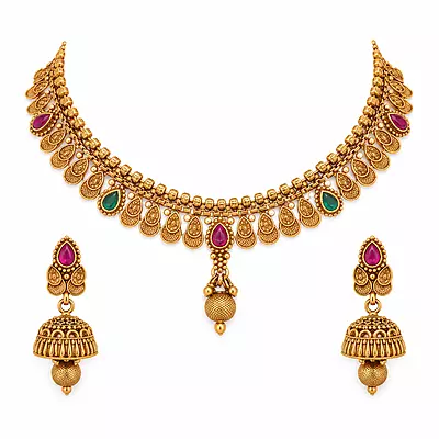 Aarini Antique Gold Paisley Necklace Set with Jhumka Earrings