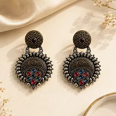 Ruhani Multicolour Stone Oxidised Medallion Earrings