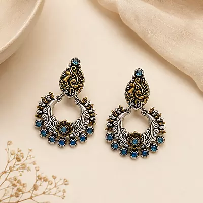 Neelanjali Peacock Blue Stone Oxidised Chandbali Earrings