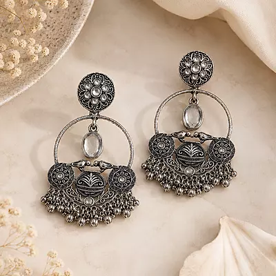 Afsana Oxidised Silver Bird Motif Chandbali Earrings