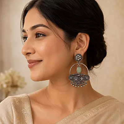 Meher Sage Green Bird Motif Oxidised Chandbali Earrings