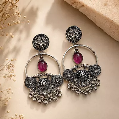 Gulnaar Magenta Stone Bird Motif Oxidised Chandbali Earrings
