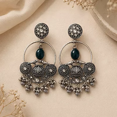 Naira Deep Teal Bird Motif Oxidised Chandbali Earrings