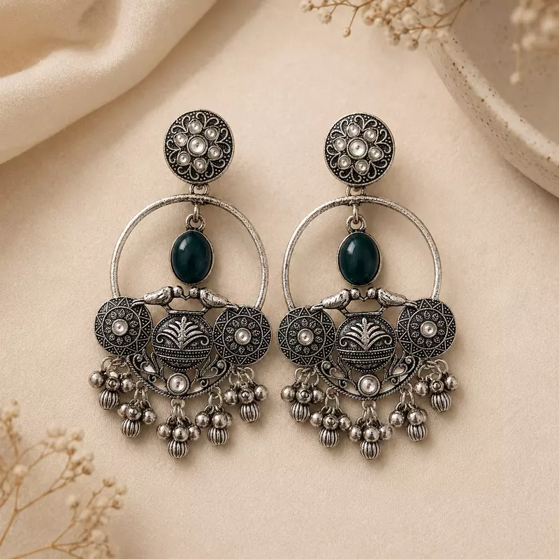 Naira Deep Teal Bird Motif Oxidised Chandbali Earrings