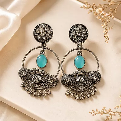 Firoza Aqua Stone Bird Motif Oxidised Chandbali Earrings