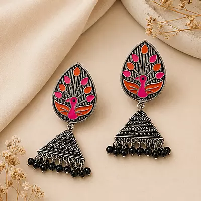 Rangrez Peacock Enamel Oxidised Jhumka Earrings