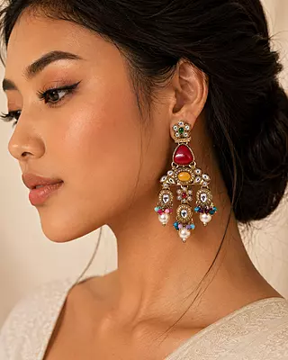 Rangrez Multicolour Anti Golden Kundan Chandelier Earrings