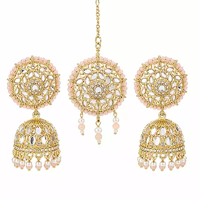 Gulnaar Blush Pink Mirror Jhumka & Maang Tikka Set