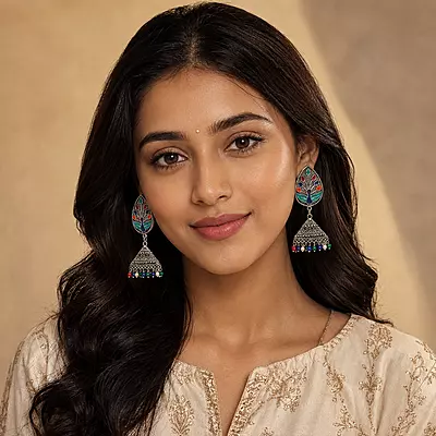 Neelmayur Multicolour Enamel Oxidised Jhumka Earrings