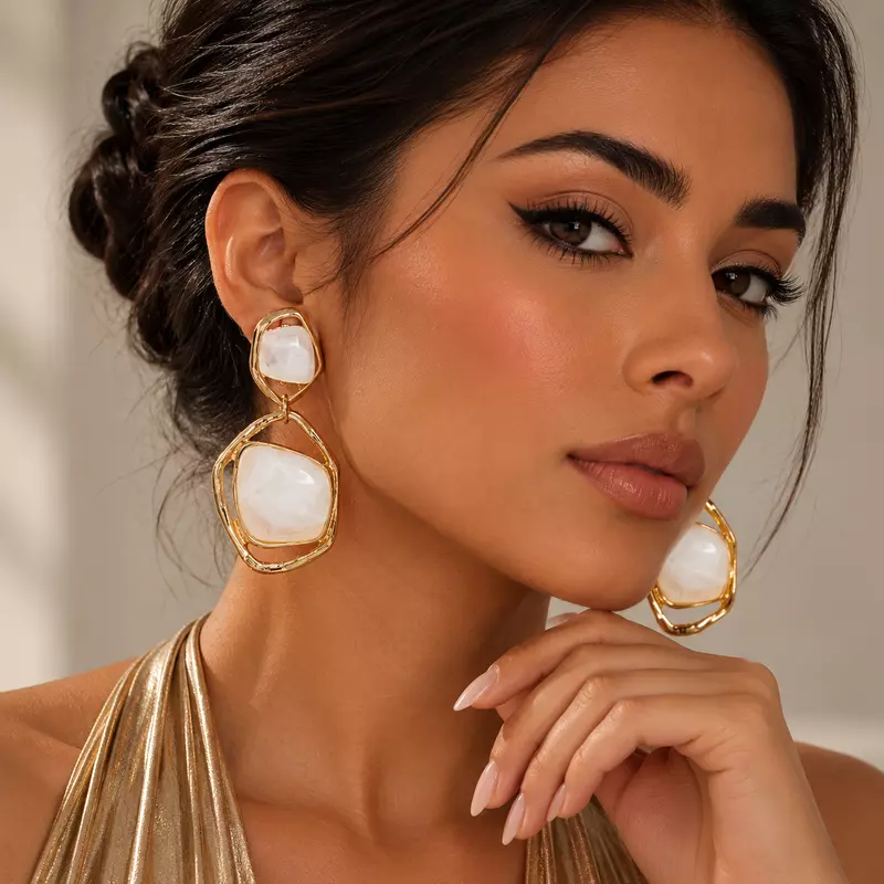 Elvienne White Resin Gold-Tone Geometric Drop Earrings