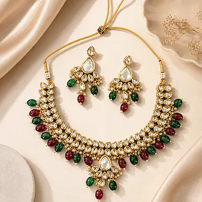 Kundan Vamika Green and Wine Bead Necklace Set