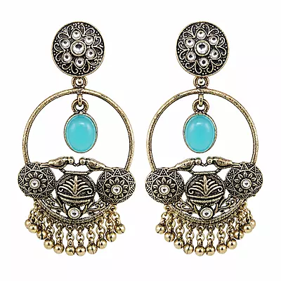 Firoza Aqua Stone Bird Motif Oxidised Chandbali Earrings