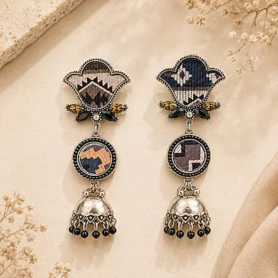 Taarika Asymmetric Textile Oxidised Jhumka Earrings