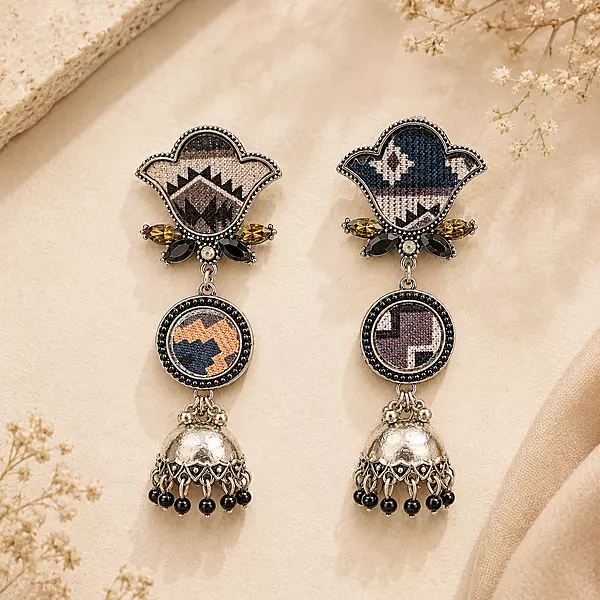 Taarika Asymmetric Textile Oxidised Jhumka Earrings