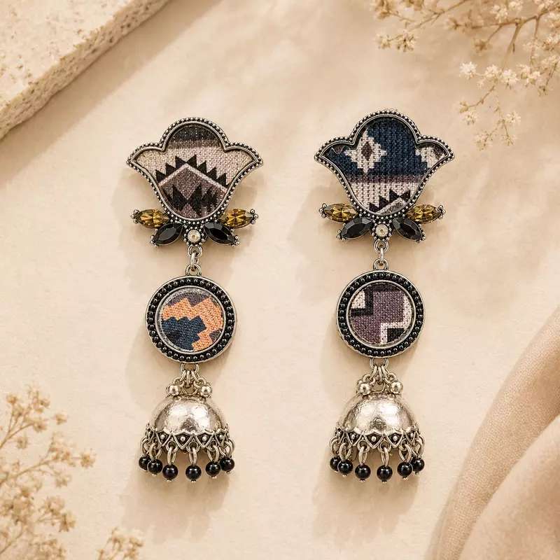 Taarika Asymmetric Textile Oxidised Jhumka Earrings