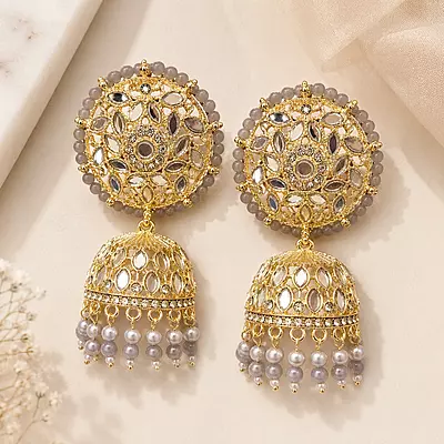 Meher Grey Beaded Mirror Jhumka Earrings