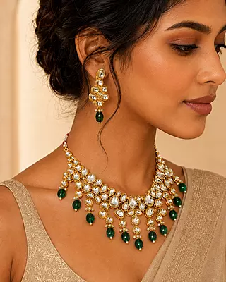 Kundan Arohi Green Bead Cascade Necklace Set