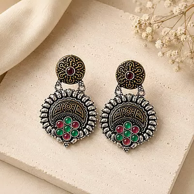 Saanvika Green and Red Stone Oxidised Medallion Earrings