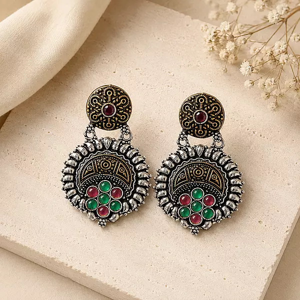 Saanvika Green and Red Stone Oxidised Medallion Earrings