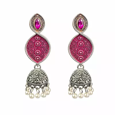 Gulmeher Magenta Enamel Oxidised Jhumka Earrings