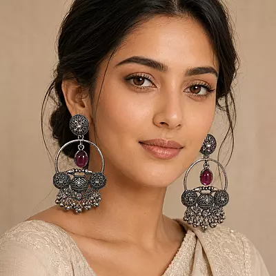 Gulnaar Magenta Stone Bird Motif Oxidised Chandbali Earrings