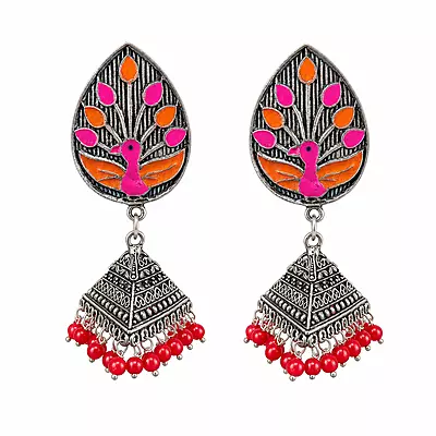 Gulnaar Peacock Enamel Oxidised Jhumka Earrings