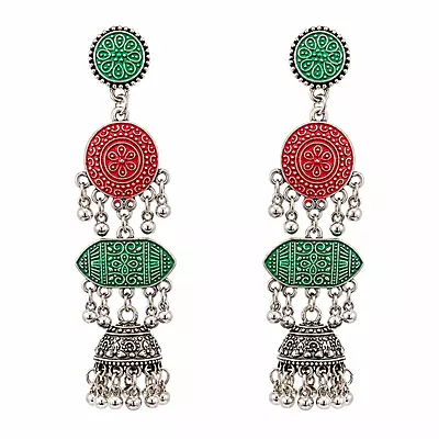 Haritara Green and Red Layered Oxidised Jhumka Earrings