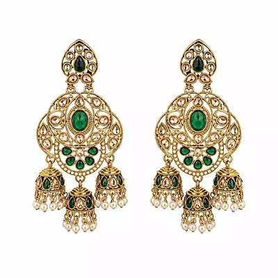 Harivalli Green Stone Triple Jhumka Earrings