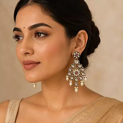Kundan Aabha Mirror Stone Pearl Dangler Earrings