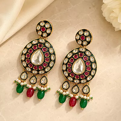 Kundan Aarna Green Bead Pearl Drop Earrings