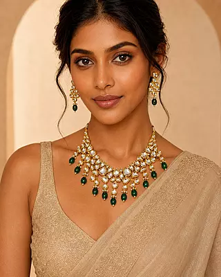 Kundan Arohi Green Bead Cascade Necklace Set