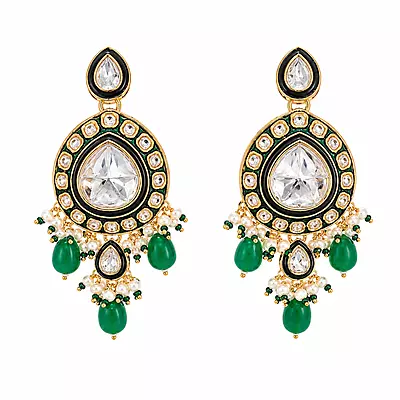 Kundan Meera Green Bead Pearl Drop Earrings