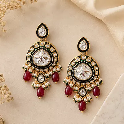 Kundan Chandrika Ruby Pearl Drop Earrings
