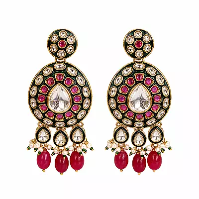 Kundan Raaga Mirror Stone Red Bead Drop Earrings