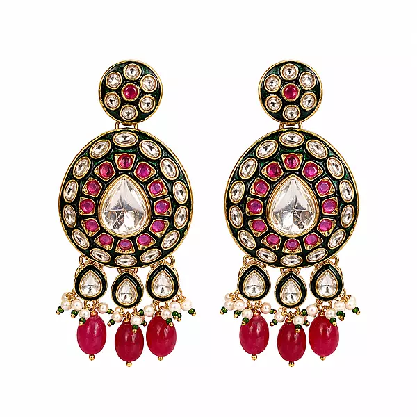 Kundan Raaga Mirror Stone Red Bead Drop Earrings