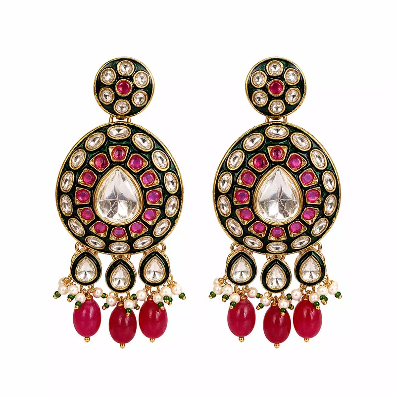 Kundan Raaga Mirror Stone Red Bead Drop Earrings