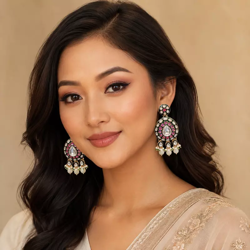 Kundan Reva Mirror Stone Pearl Drop Earrings