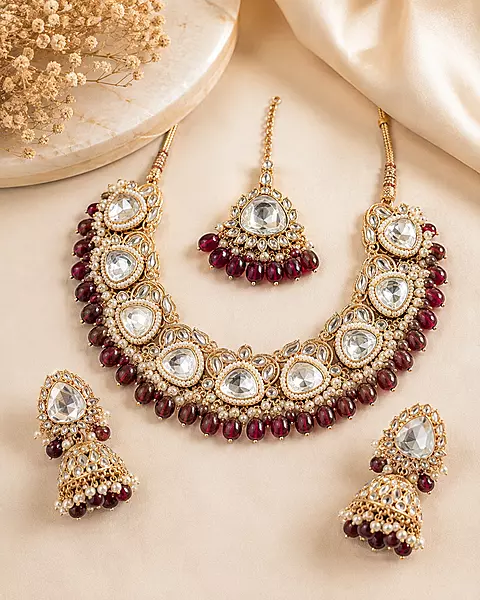 Kundan Rivaayat Wine Bead Jewellery Set