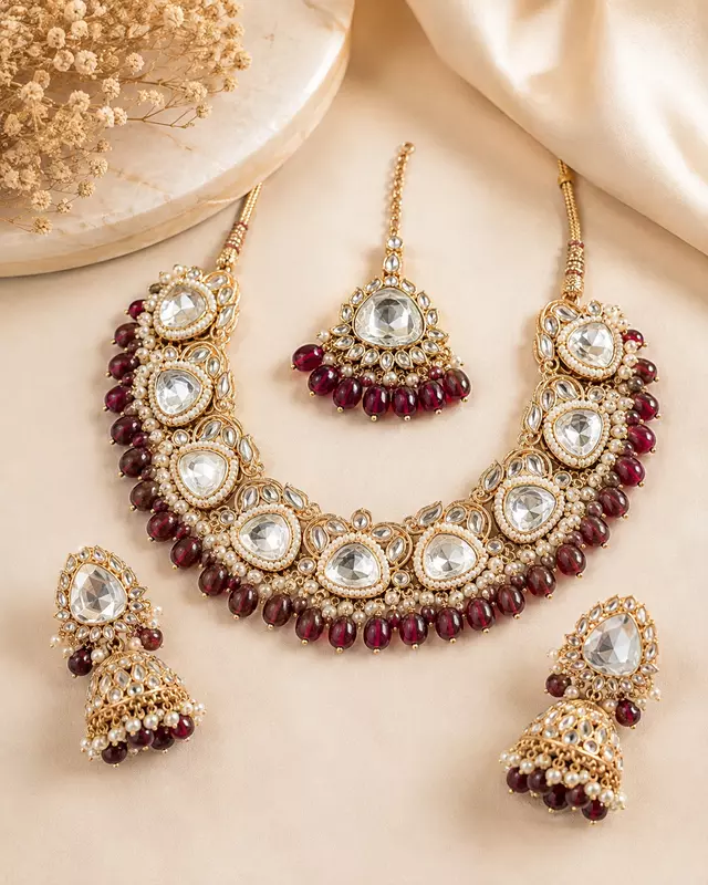 Kundan Rivaayat Wine Bead Jewellery Set