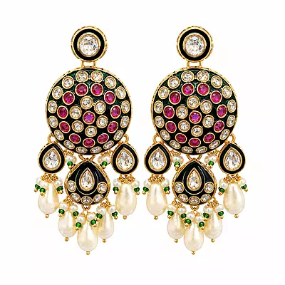 Kundan Ruby Green Pearl Drop Statement Earrings