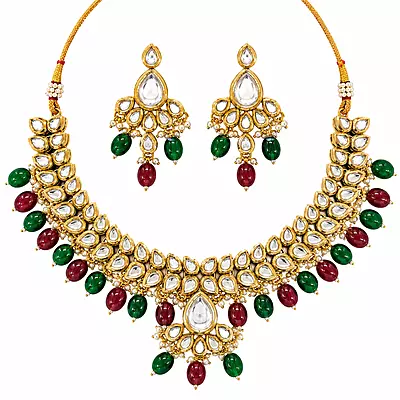 Kundan Vamika Green and Wine Bead Necklace Set