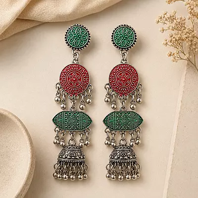 Haritara Green and Red Layered Oxidised Jhumka Earrings