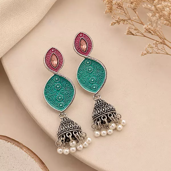 Madhavi Teal and Rose Enamel Oxidised Jhumka Earrings