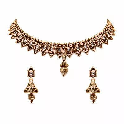 Mayura Antique Gold-Tone Square Stone Choker and Jhumka Earrings Set