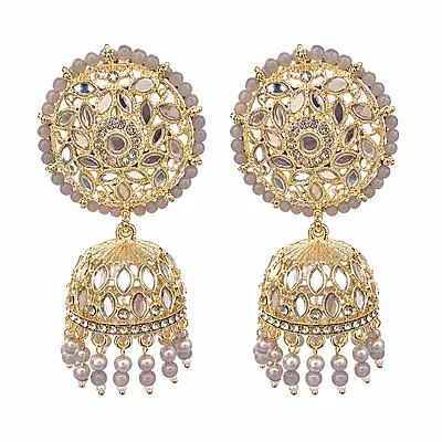 Meher Grey Beaded Mirror Jhumka Earrings