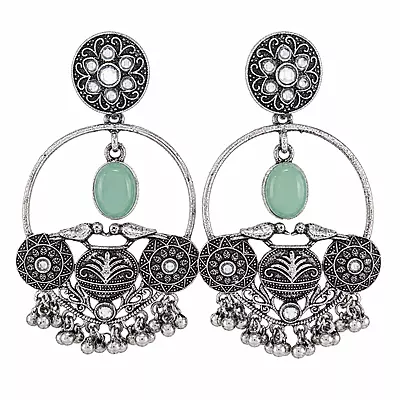 Meher Sage Green Bird Motif Oxidised Chandbali Earrings