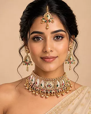 Mehrika Multicolour Enamel Choker Jewellery Set with Earrings and Maang Tikka