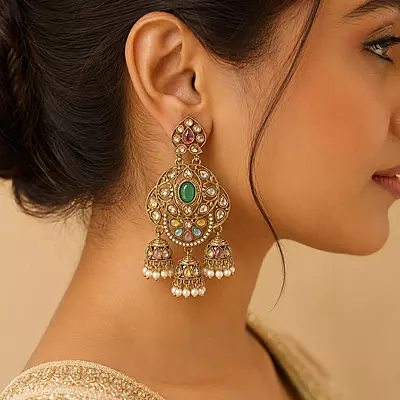 Mehrisa Green and Pastel Stone Triple Jhumka Earrings