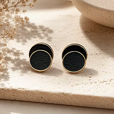 Elara Black Dual Circle Gold-Tone Stud Earrings