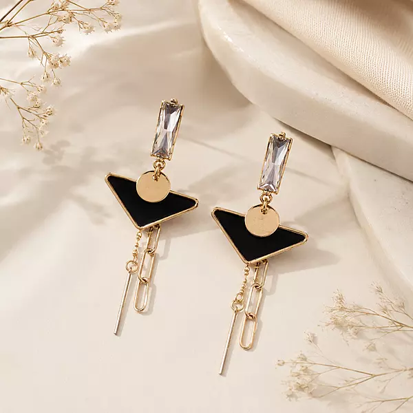 Veyra Black Triangle Crystal Gold-Tone Drop Earrings